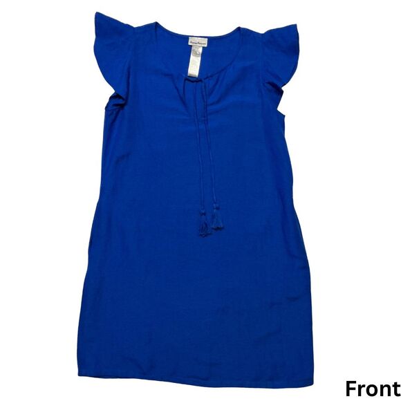 Tommy Bahama Linen-Blend Shift Dress Size XS Pull-Over Blue Pockets Flare Sleeve - Picture 2 of 7